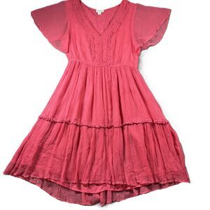 Sundance Monaco Meetup Midi Dress Tiered Flutter Sleeve V-Neck Coral Medium L281